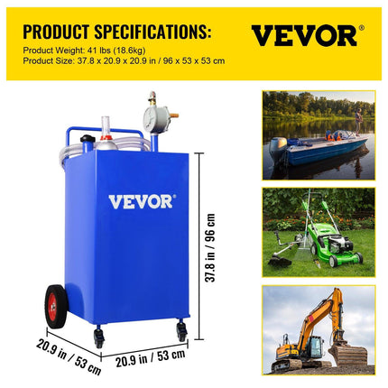 114L Fuel Caddy, Gas Storage Tank & 4 Wheels, with Manuel Transfer Pump, Gasoline Diesel Fuel Container for Cars, Lawn Mowers, ATVs, Boats, More, Blue.