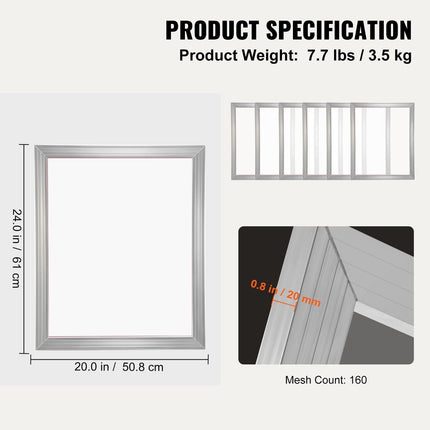 Screen Printing Kit, 6 Pieces Aluminum Silk Screen Printing Frames, 20x24inch Silk Screen Printing Frame with 160 Count Mesh, High Tension Nylon Mesh and Sealing Tape for T-shirts DIY Printing.