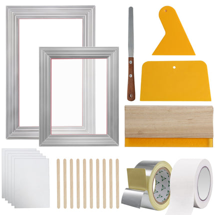 Screen Printing Kit, 2 Pieces Aluminum Silk Screen Printing Frames20.3 x 25.4/25.4 x 35.6cm 110 Count Mesh, 2 Tapes and Screen Printing Squeegees and Transparency Films for T-shirts DIY.