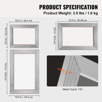 Screen Printing Kit, 3 Pieces Aluminum Silk Screen Printing Frames 25x36/20x30/15x25 cm 110 Count Mesh, 5 Glitters and Screen Printing Squeegees and Transparency Films for T-shirts DIY.