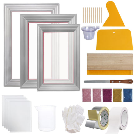 Screen Printing Kit, 3 Pieces Aluminum Silk Screen Printing Frames 25x36/20x30/15x25 cm 110 Count Mesh, 5 Glitters and Screen Printing Squeegees and Transparency Films for T-shirts DIY.