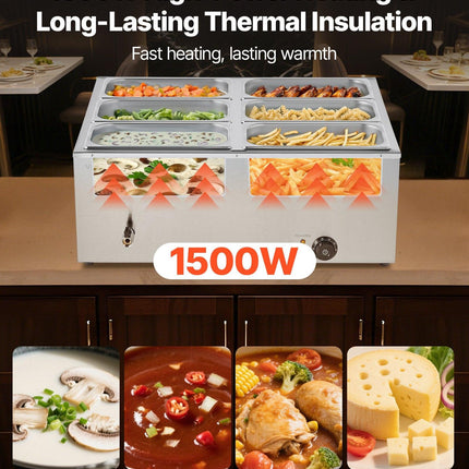 VEVOR Commercial Food Warmer, 1500W Electric Stainless Steel Steam Food Warmer with Lid, 6-Pan Fast Heating Countertop Buffet Bain Marie with Soup & Perforated Ladles, for Catering, Restaurant, Party.