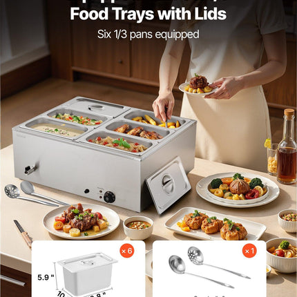 VEVOR Commercial Food Warmer, 1500W Electric Stainless Steel Steam Food Warmer with Lid, 6-Pan Fast Heating Countertop Buffet Bain Marie with Soup & Perforated Ladles, for Catering, Restaurant, Party.