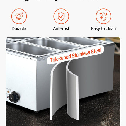 VEVOR Commercial Food Warmer, 1500W Electric Stainless Steel Steam Food Warmer with Lid, 6-Pan Fast Heating Countertop Buffet Bain Marie with Soup & Perforated Ladles, for Catering, Restaurant, Party.