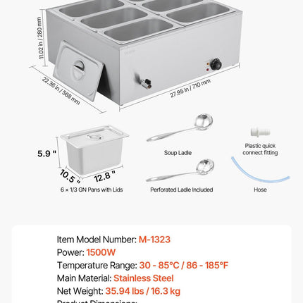 VEVOR Commercial Food Warmer, 1500W Electric Stainless Steel Steam Food Warmer with Lid, 6-Pan Fast Heating Countertop Buffet Bain Marie with Soup & Perforated Ladles, for Catering, Restaurant, Party.