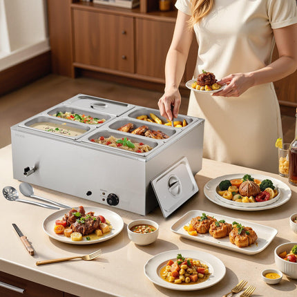 VEVOR Commercial Food Warmer, 1500W Electric Stainless Steel Steam Food Warmer with Lid, 6-Pan Fast Heating Countertop Buffet Bain Marie with Soup & Perforated Ladles, for Catering, Restaurant, Party.