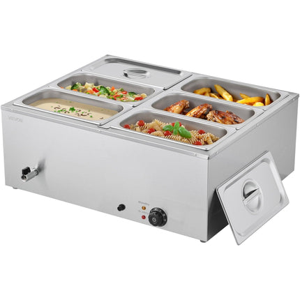 VEVOR Commercial Food Warmer, 1500W Electric Stainless Steel Steam Food Warmer with Lid, 6-Pan Fast Heating Countertop Buffet Bain Marie with Soup & Perforated Ladles, for Catering, Restaurant, Party.