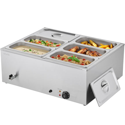 VEVOR Commercial Food Warmer, 1500W Electric Stainless Steel Steam Food Warmer with Lid, 6-Pan Fast Heating Countertop Buffet Bain Marie with Soup & Perforated Ladles, for Catering, Restaurant, Party.