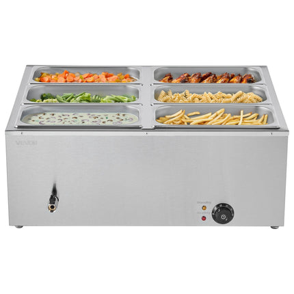VEVOR Commercial Food Warmer, 1500W Electric Stainless Steel Steam Food Warmer with Lid, 6-Pan Fast Heating Countertop Buffet Bain Marie with Soup & Perforated Ladles, for Catering, Restaurant, Party.