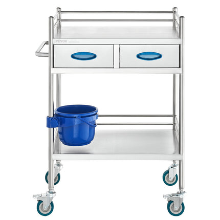 Lab Serving Cart, 2 Layers Stainless Steel Utility Rolling Cart, Medical Cart with Two Drawers, Dental Utility Cart with Lockable Wheels and A Bucket, for Laboratory, Hospital, Dental Use.