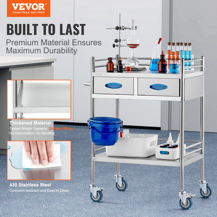 Lab Serving Cart, 2 Layers Stainless Steel Utility Rolling Cart, Medical Cart with Two Drawers, Dental Utility Cart with Lockable Wheels and A Bucket, for Laboratory, Hospital, Dental Use.