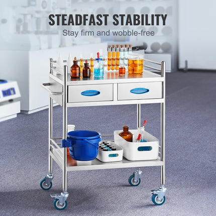 Lab Serving Cart, 2 Layers Stainless Steel Utility Rolling Cart, Medical Cart with Two Drawers, Dental Utility Cart with Lockable Wheels and A Bucket, for Laboratory, Hospital, Dental Use.