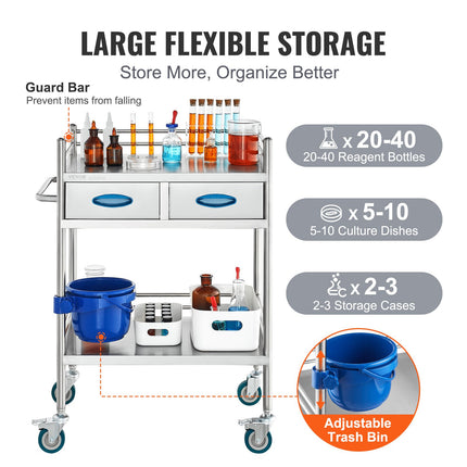 Lab Serving Cart, 2 Layers Stainless Steel Utility Rolling Cart, Medical Cart with Two Drawers, Dental Utility Cart with Lockable Wheels and A Bucket, for Laboratory, Hospital, Dental Use.