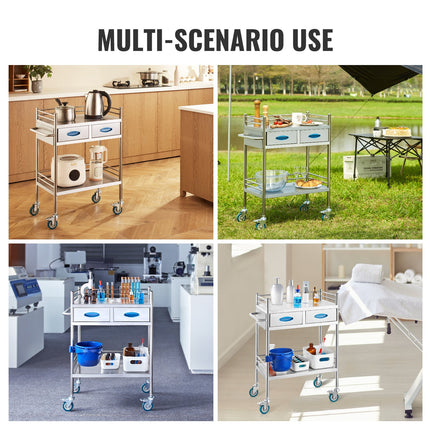 Lab Serving Cart, 2 Layers Stainless Steel Utility Rolling Cart, Medical Cart with Two Drawers, Dental Utility Cart with Lockable Wheels and A Bucket, for Laboratory, Hospital, Dental Use.