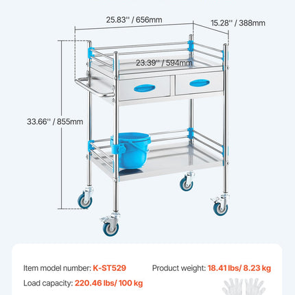 Lab Serving Cart, 2 Layers Stainless Steel Utility Rolling Cart, Medical Cart with Two Drawers, Dental Utility Cart with Lockable Wheels and A Bucket, for Laboratory, Hospital, Dental Use.