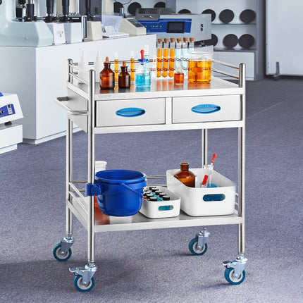 Lab Serving Cart, 2 Layers Stainless Steel Utility Rolling Cart, Medical Cart with Two Drawers, Dental Utility Cart with Lockable Wheels and A Bucket, for Laboratory, Hospital, Dental Use.