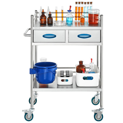 Lab Serving Cart, 2 Layers Stainless Steel Utility Rolling Cart, Medical Cart with Two Drawers, Dental Utility Cart with Lockable Wheels and A Bucket, for Laboratory, Hospital, Dental Use.