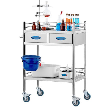 Lab Serving Cart, 2 Layers Stainless Steel Utility Rolling Cart, Medical Cart with Two Drawers, Dental Utility Cart with Lockable Wheels and A Bucket, for Laboratory, Hospital, Dental Use.
