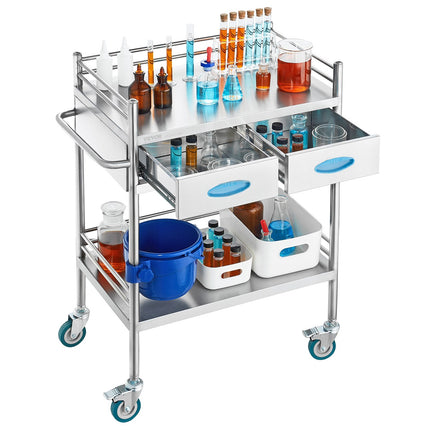 Lab Serving Cart, 2 Layers Stainless Steel Utility Rolling Cart, Medical Cart with Two Drawers, Dental Utility Cart with Lockable Wheels and A Bucket, for Laboratory, Hospital, Dental Use.