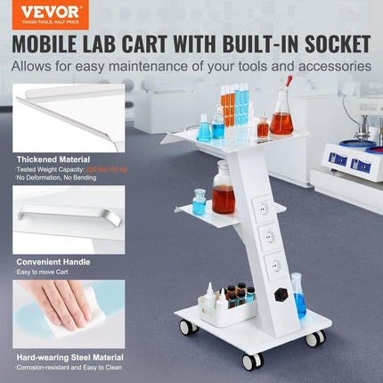 Trolley Cart Dental Lab Mobile Rolling Serving Cart 3 Layers with Socket.