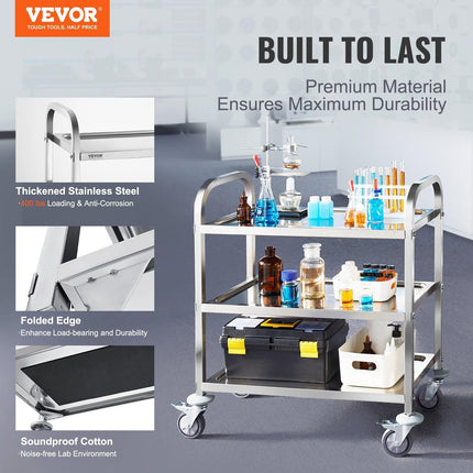 VEVOR Stainless Steel Cart, 3 Layers Lab Utility Cart 181 kg Weight Capacity, Medical Cart with Lockable Universal Wheels, for Lab, Clinic, Kitchen, Salon.