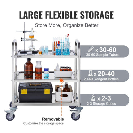 VEVOR Stainless Steel Cart, 3 Layers Lab Utility Cart 181 kg Weight Capacity, Medical Cart with Lockable Universal Wheels, for Lab, Clinic, Kitchen, Salon.