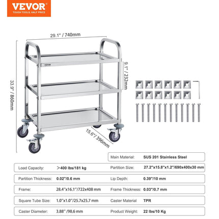 VEVOR Stainless Steel Cart, 3 Layers Lab Utility Cart 181 kg Weight Capacity, Medical Cart with Lockable Universal Wheels, for Lab, Clinic, Kitchen, Salon.