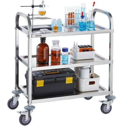 VEVOR Stainless Steel Cart, 3 Layers Lab Utility Cart 181 kg Weight Capacity, Medical Cart with Lockable Universal Wheels, for Lab, Clinic, Kitchen, Salon.