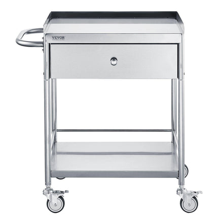 Medical Cart, 2 Layer stainless Steel Cart100 kg Weight Capacity Utility Cart Silent Wheels and a Drawer for Lab, Clinic, kitchen, Salon.