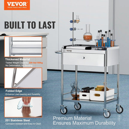 Medical Cart, 2 Layer stainless Steel Cart100 kg Weight Capacity Utility Cart Silent Wheels and a Drawer for Lab, Clinic, kitchen, Salon.