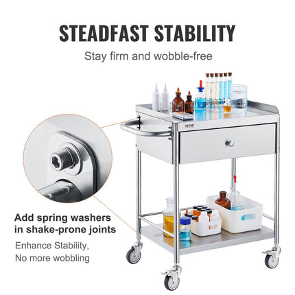 Medical Cart, 2 Layer stainless Steel Cart100 kg Weight Capacity Utility Cart Silent Wheels and a Drawer for Lab, Clinic, kitchen, Salon.