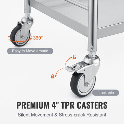 Medical Cart, 2 Layer stainless Steel Cart100 kg Weight Capacity Utility Cart Silent Wheels and a Drawer for Lab, Clinic, kitchen, Salon.