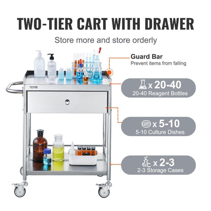 Medical Cart, 2 Layer stainless Steel Cart100 kg Weight Capacity Utility Cart Silent Wheels and a Drawer for Lab, Clinic, kitchen, Salon.