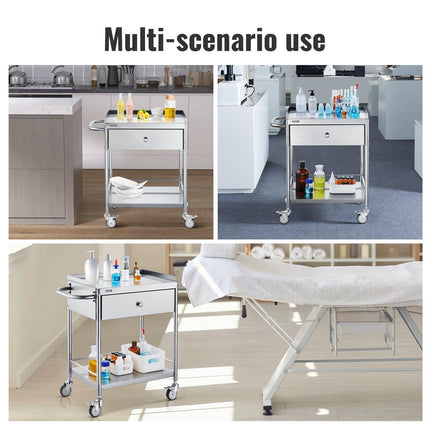 Medical Cart, 2 Layer stainless Steel Cart100 kg Weight Capacity Utility Cart Silent Wheels and a Drawer for Lab, Clinic, kitchen, Salon.