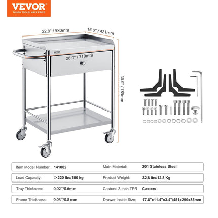 Medical Cart, 2 Layer stainless Steel Cart100 kg Weight Capacity Utility Cart Silent Wheels and a Drawer for Lab, Clinic, kitchen, Salon.