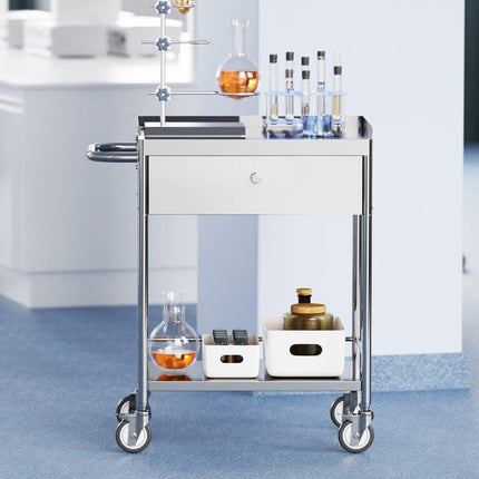 Medical Cart, 2 Layer stainless Steel Cart100 kg Weight Capacity Utility Cart Silent Wheels and a Drawer for Lab, Clinic, kitchen, Salon.