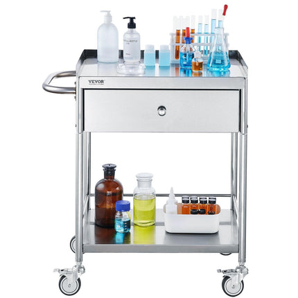 Medical Cart, 2 Layer stainless Steel Cart100 kg Weight Capacity Utility Cart Silent Wheels and a Drawer for Lab, Clinic, kitchen, Salon.