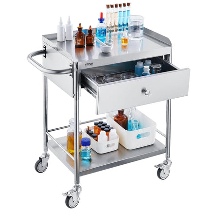 Medical Cart, 2 Layer stainless Steel Cart100 kg Weight Capacity Utility Cart Silent Wheels and a Drawer for Lab, Clinic, kitchen, Salon.