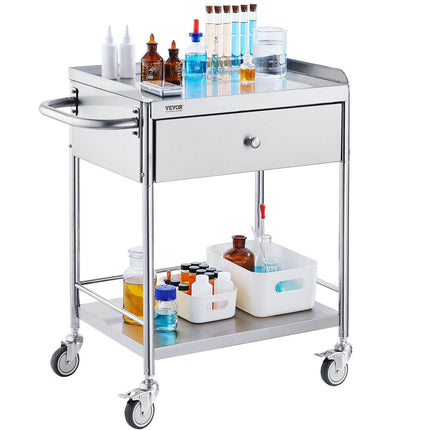 Medical Cart, 2 Layer stainless Steel Cart100 kg Weight Capacity Utility Cart Silent Wheels and a Drawer for Lab, Clinic, kitchen, Salon.