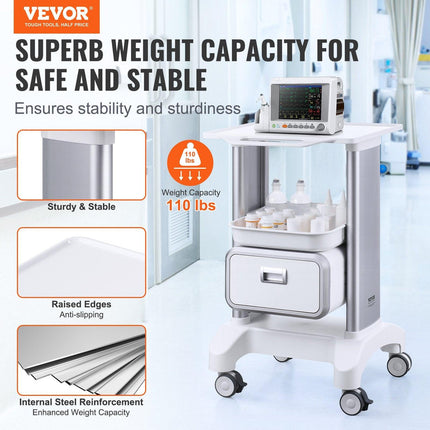 2 Tiers Lab Carts Mobile Medical Cart with 1 Drawer & 1 Top Tray White.