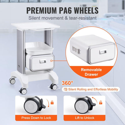 2 Tiers Lab Carts Mobile Medical Cart with 1 Drawer & 1 Top Tray White.