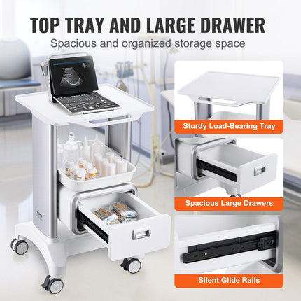 2 Tiers Lab Carts Mobile Medical Cart with 1 Drawer & 1 Top Tray White.