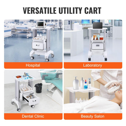 2 Tiers Lab Carts Mobile Medical Cart with 1 Drawer & 1 Top Tray White.