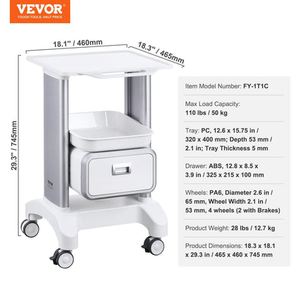 2 Tiers Lab Carts Mobile Medical Cart with 1 Drawer & 1 Top Tray White.