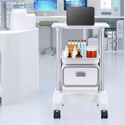 2 Tiers Lab Carts Mobile Medical Cart with 1 Drawer & 1 Top Tray White.