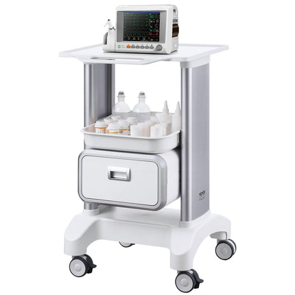 2 Tiers Lab Carts Mobile Medical Cart with 1 Drawer & 1 Top Tray White.