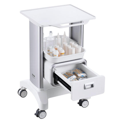 2 Tiers Lab Carts Mobile Medical Cart with 1 Drawer & 1 Top Tray White.