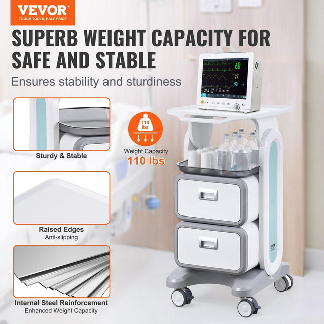VEVOR 3 Tiers Lab Carts, Lab Utility Cart with 2 Drawers & 1 Top Tray, Mobile Medical Cart with ABS Material, Lab Rolling Cart with 4 Silent Wheels for Lab, Clinic, Hospital, Salon, White.