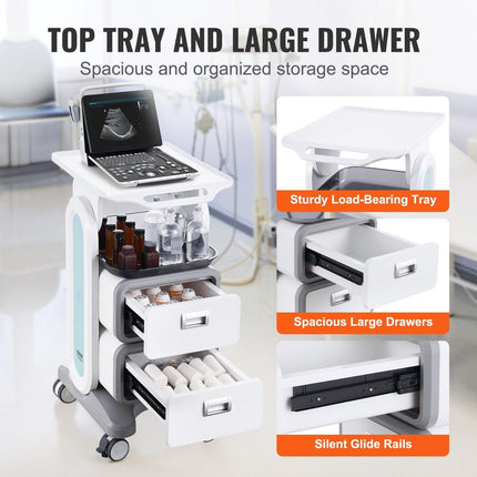 VEVOR 3 Tiers Lab Carts, Lab Utility Cart with 2 Drawers & 1 Top Tray, Mobile Medical Cart with ABS Material, Lab Rolling Cart with 4 Silent Wheels for Lab, Clinic, Hospital, Salon, White.