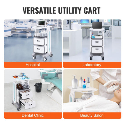 VEVOR 3 Tiers Lab Carts, Lab Utility Cart with 2 Drawers & 1 Top Tray, Mobile Medical Cart with ABS Material, Lab Rolling Cart with 4 Silent Wheels for Lab, Clinic, Hospital, Salon, White.